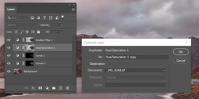 Duplicate layer popup in Photoshop