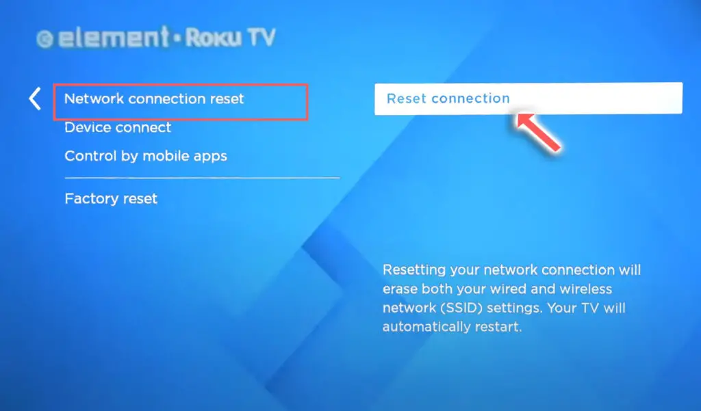 element tv reset network connection