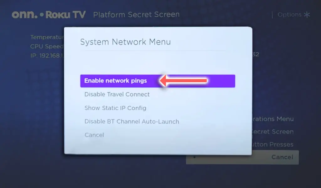 onn roku tv enable network ping