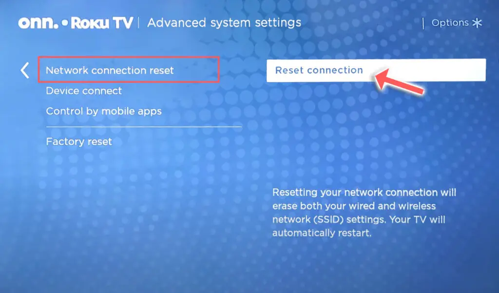 onn roku tv network connection reset