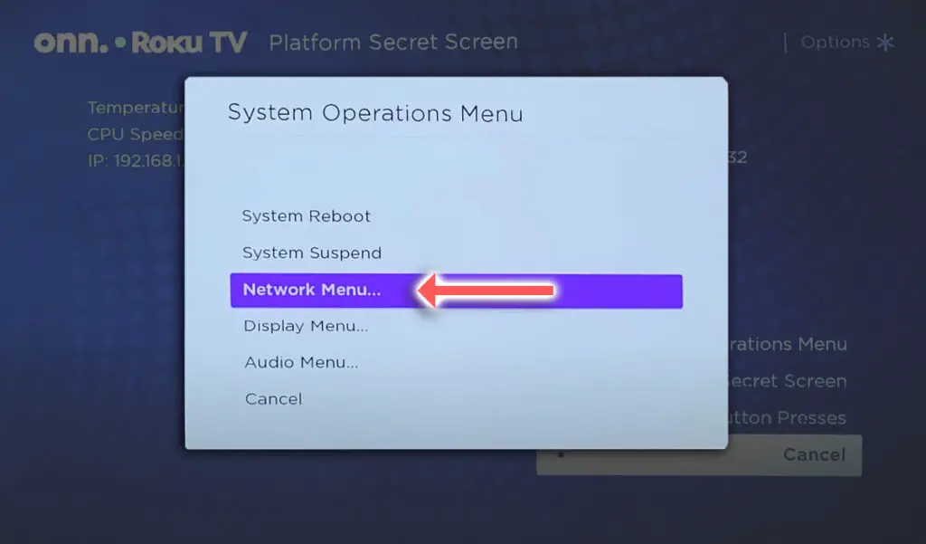 onn roku tv secret network menu