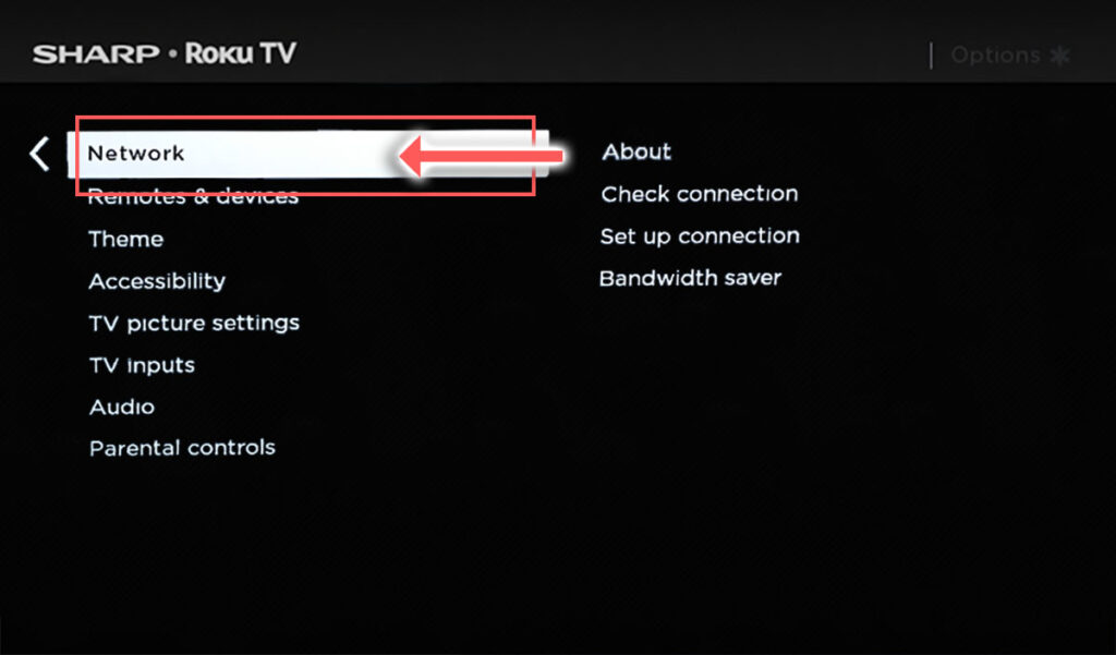 sharp roku tv network settings menu