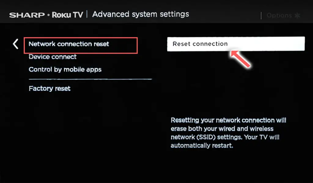 sharp roku tv reset network connection