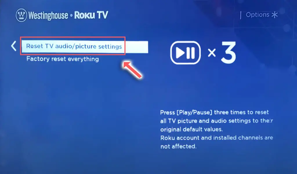 westinghouse tv reset picture