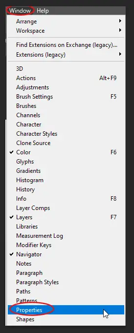 Photoshop properties menu